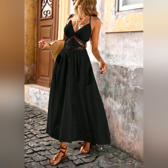 New Boho Sheer Crochet Knit Tie Back Long Dress Black - Picture 2 of 10